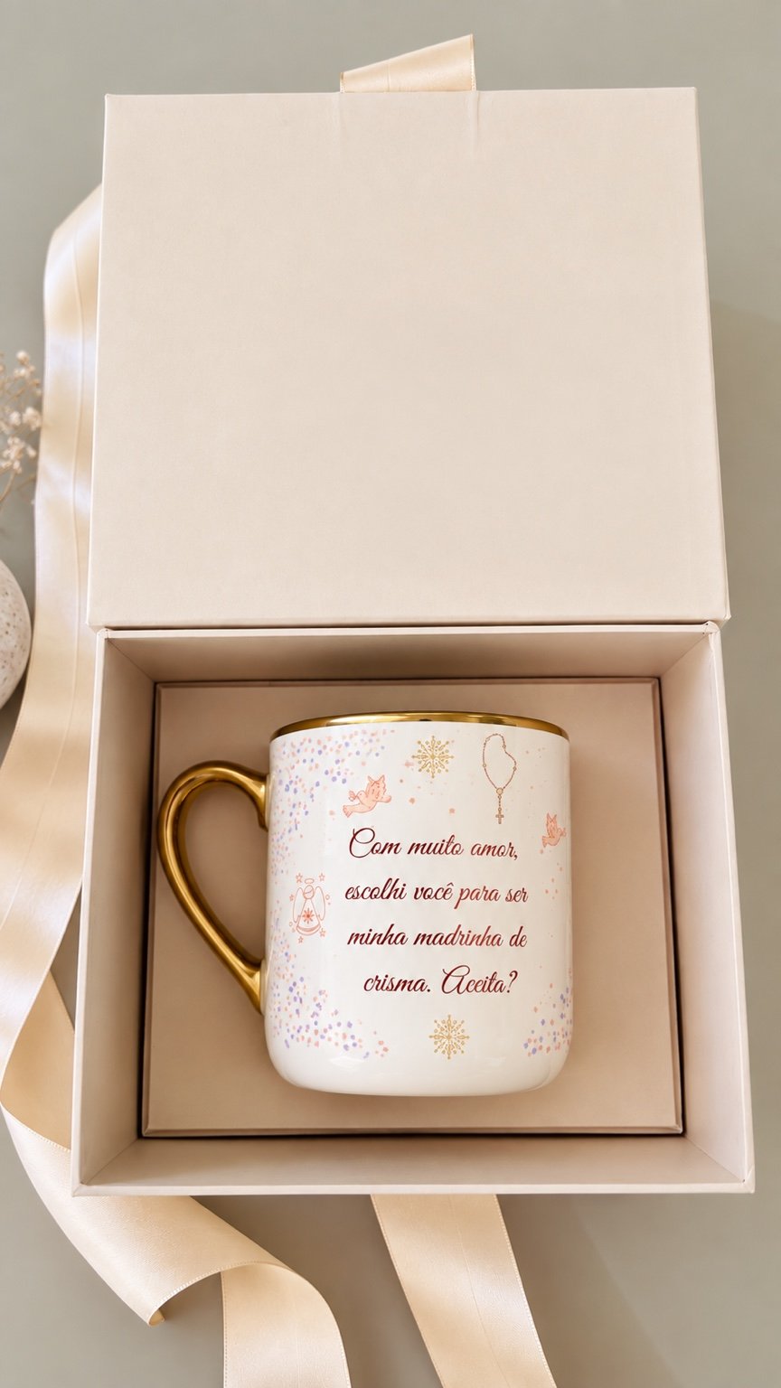 Caneca personalizada em caixa para convite de madrinha de crisma