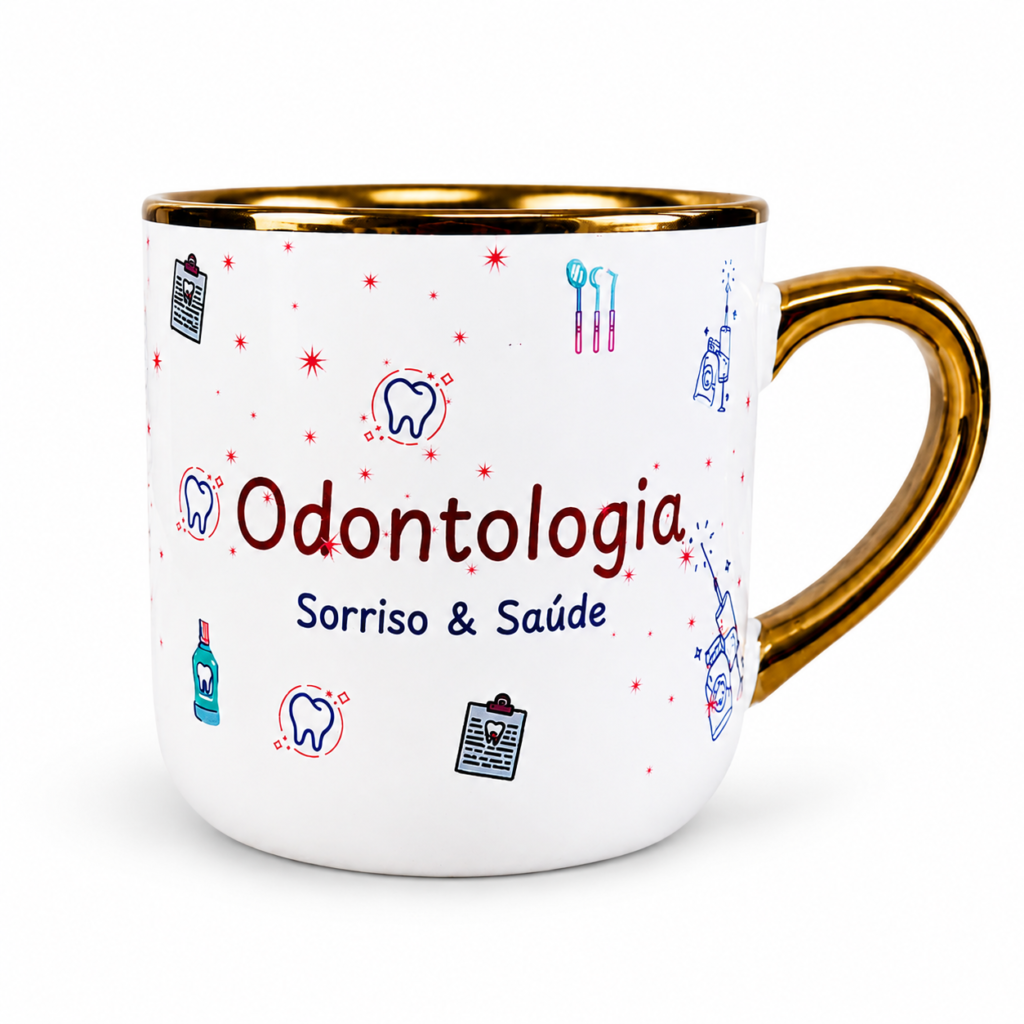 Caneca Imperial Branca 400ml personalizada com alça e borda douradas da Blen Presentes